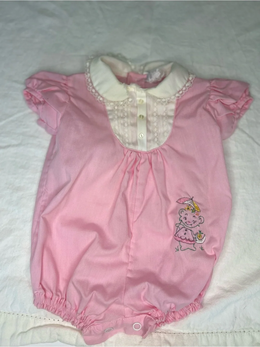 Vintage Coquette Pink Heirloom Baby Bubble Romper Embroidered Bear 0-3M